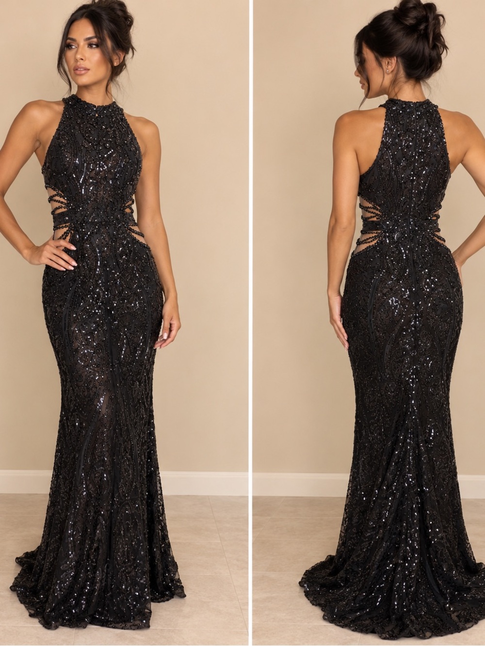 Black Beaded Cutout Evening Gown